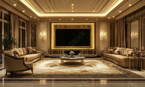 The interior design of a modern home theater in a luxury house at night, featuring a large TV and a luxurious sofa, armchair, and coffee table in the living room.