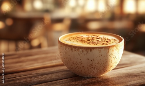 A frothy cappuccino cup on a wooden table, cozy atmosphere.