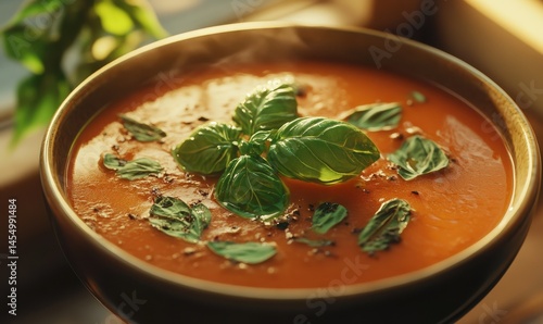 Close-up of a bowl of creamy tomato soup garnished with fresh basil leaves, soft warm light enhancing the rich textures and vibrant tones, high detail,