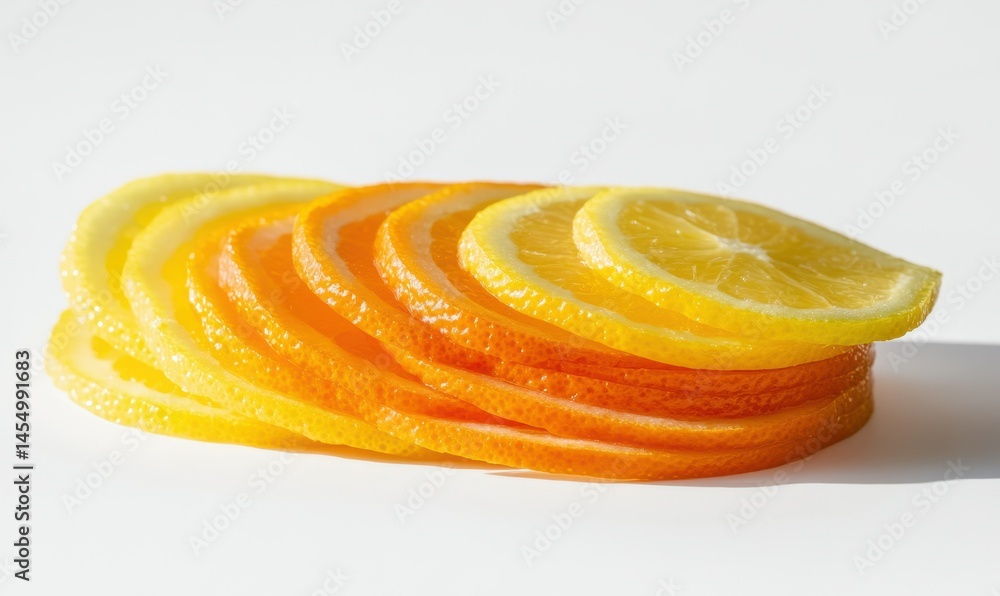 Sliced citrus fruits stacked in gradient colors on white background.