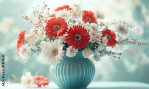 Aqua vase with red and white flowers, soft background.