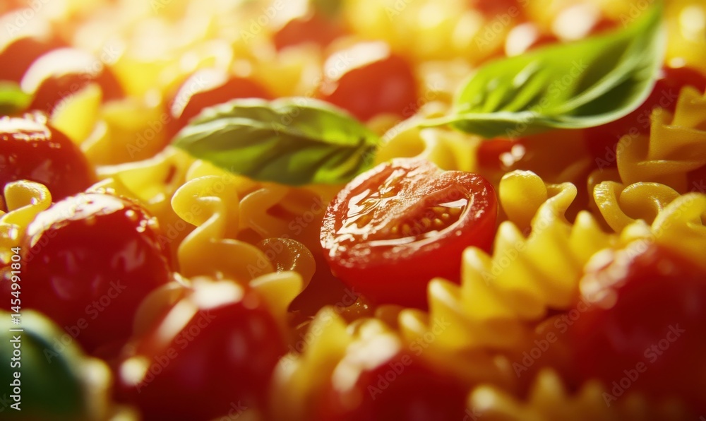 Close-up of gourmet Italian pasta with cherry tomatoes and basil leaves, soft warm light enhancing the vibrant colors and textures, high detail,