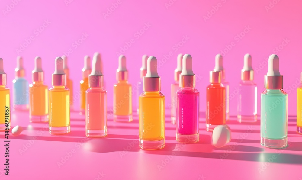 Colorful Cosmetic Serum Bottles on Pink Background