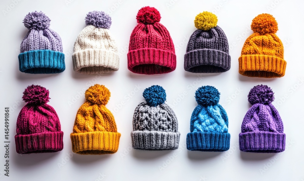 Colorful knitted winter hats arranged on a clean white background, soft textures and vibrant tones creating a cozy winter vibe, high detail,