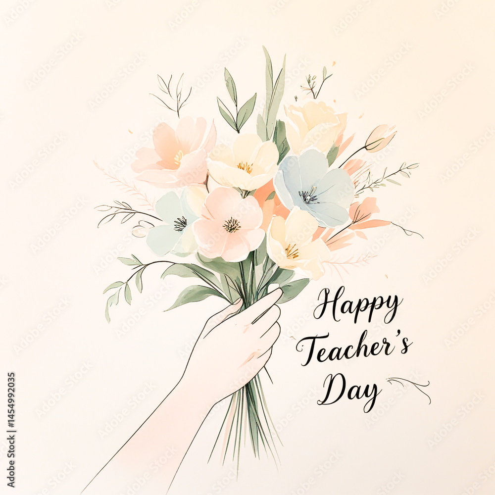 Naklejka premium Happy Teacher's Day hand drawn typography greeting card with flower, hearts, stars elements on white background.