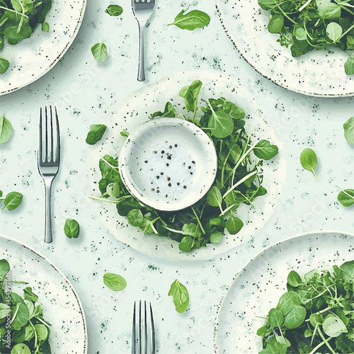 Nature seamless pattern microgreens, plates and cutleryon white background