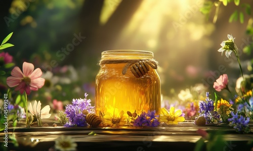 Obraz na płótnie Glass jar of honey surrounded by wildflowers on a wooden countertop, soft warm light casting a golden glow, clean rustic ambiance with vibrant tones, w salonie