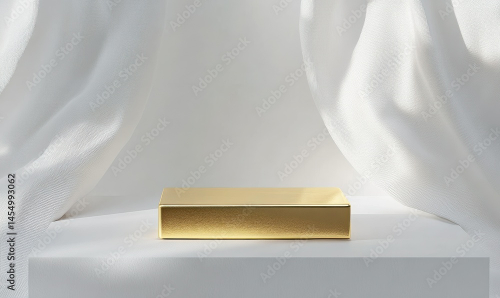 Golden rectangular object on a white platform with curtains.
