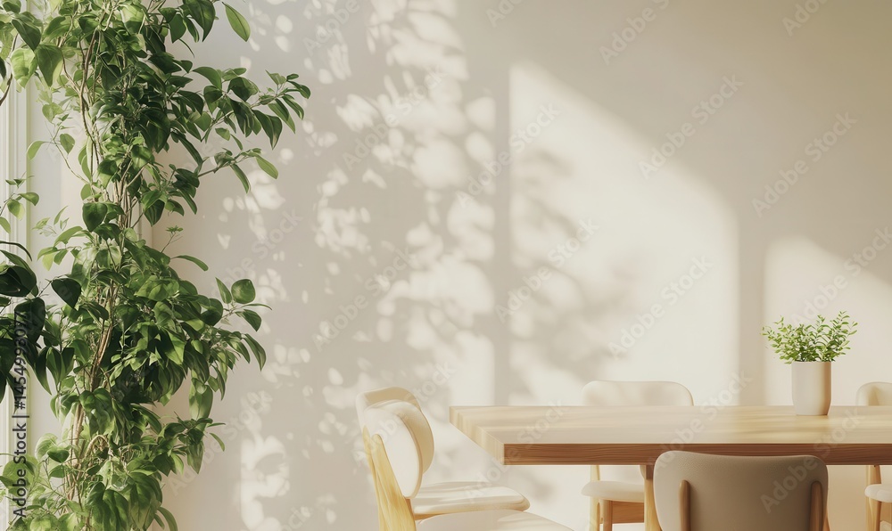 Minimalist dining area with a sleek wooden table, pastel-colored chairs, and indoor plants, soft natural light reflecting on clean surfaces, high detail,