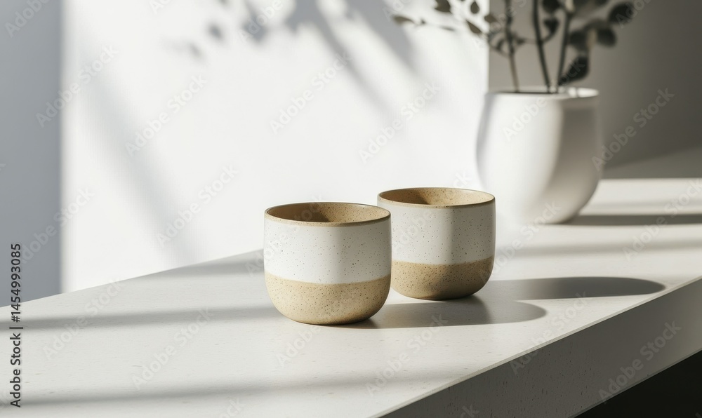 Minimalist ceramic coffee cups in neutral tones placed on a smooth table, soft shadows creating a clean modern aesthetic