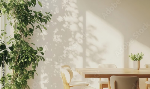 Obraz na płótnie Minimalist dining area with a sleek wooden table, pastel-colored chairs, and indoor plants, soft natural light reflecting on clean surfaces, high detail, w salonie