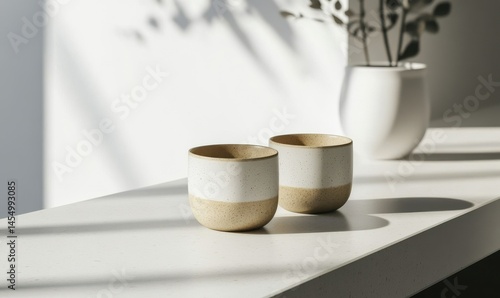 Obraz na płótnie Minimalist ceramic coffee cups in neutral tones placed on a smooth table, soft shadows creating a clean modern aesthetic w salonie
