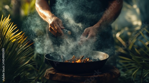 Fototapeta Naklejka Na Ścianę i Meble -  Chef cooking dish over fire with smoke rising in jungle kitchen