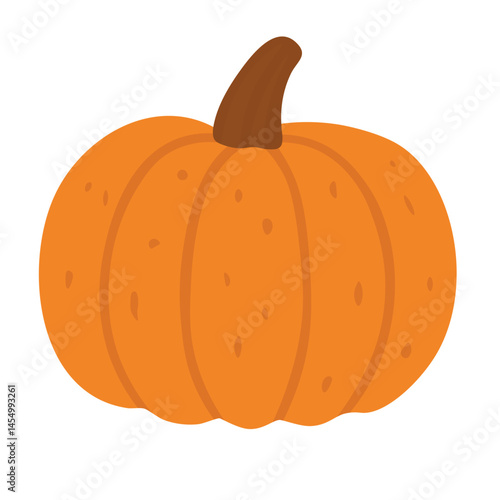 Cartoon flat orange pumpkin with brown stem. Cute cozy seasonal symbol of autumn and harvest time.