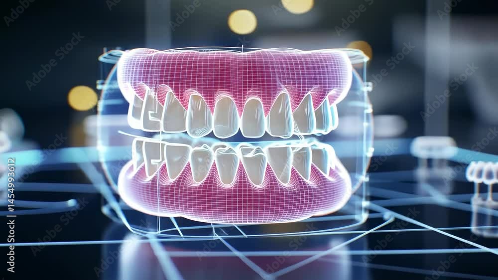 3D digital illustration of a transparent dental model showcasing human teeth