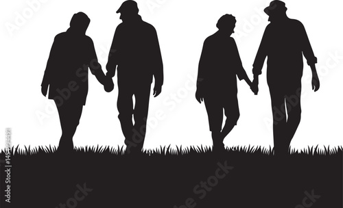 Senior Couples Walking Hand in Hand Outdoors Enjoying Retirement Together