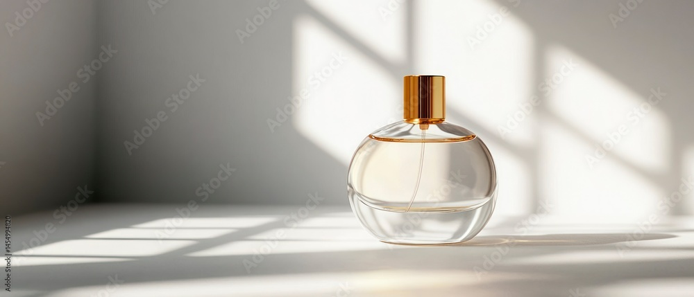 Perfume bottle sits elegantly in soft light, casting delicate shadows against a minimalist wall. Perfume bottle sits elegantly in soft light, casting delicate shadows against a minimalist wall.