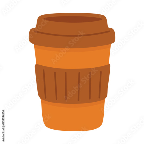  Flat vector illustration of takeaway cup with lid and cozy sleeve in autumn colors.