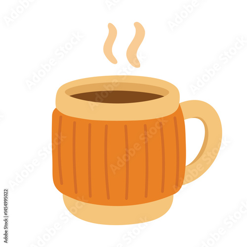 Vector illustration of a cozy tea mug with knitted orange cover and steam.
