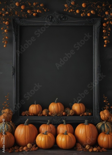 Elegant black chalkboard frame with meticulously arranged pumpkins, creating a symmetrical design ,  october,  still life,  harvest
