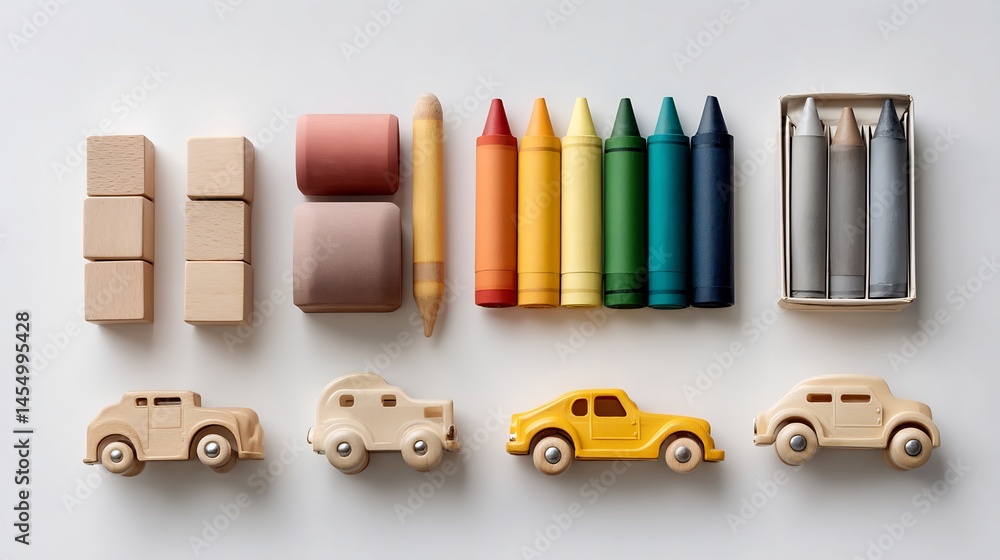 Obraz premium Elegant arrangement of wooden toys and crayons creating a captivating visual harmony