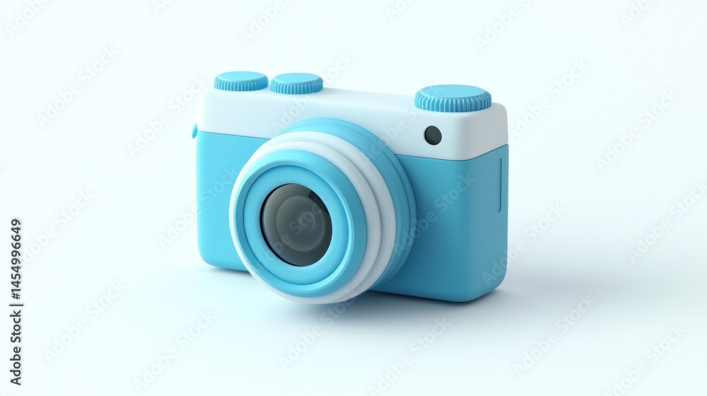 Blue toy camera, white background, photography concept, kids' learning Blue toy camera, white background, photography concept, kids' learning