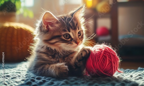 Curious kitten playing with a ball of yarn in a sunlit room, vibrant natural tones highlighting its fluffy fur, joyful cozy vibe with clean sharp details,