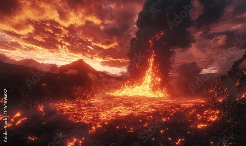 Volcanic eruption with fiery lava, smoke, and dramatic cloudy skies.