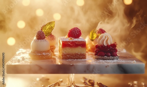 Three desserts on tray with bokeh background and steam rising.