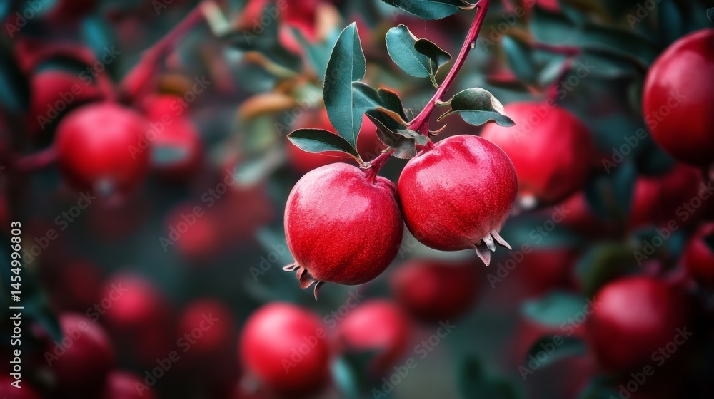 Obraz premium Close-up of ripe red apples on tree branch in orchard