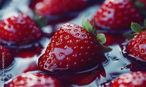 Strawberries floating in liquid, close-up, vibrant red, green stems.