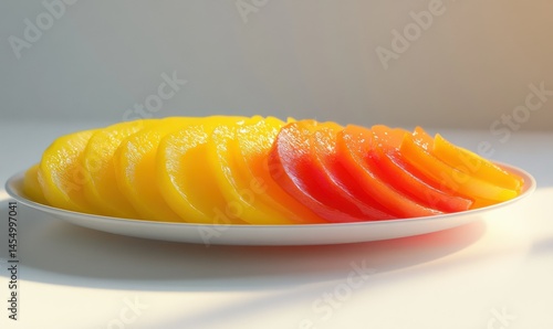 Fresh mango slices arranged on a clean white plate, showcasing the vibrant colors of the fruit. .