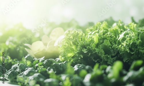 Fresh green vegetables neatly arranged on a clean white surface, bright natural tones and soft diffused lighting enhancing the vibrant colors perfect for healthy food concepts,