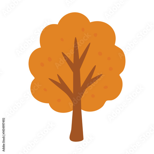 Cartoon tree with orange foliage. Simple autumn season illustration in soft doodle style.