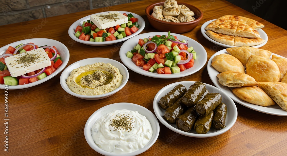 Middle Eastern Mezze Platter with Salad and Bread Middle Eastern Mezze Platter with Salad and Bread