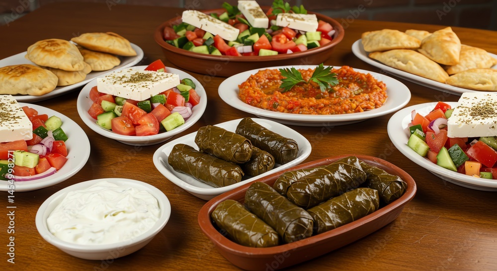 Mediterranean Dishes with Salad, Dolma and Pastries Mediterranean Dishes with Salad, Dolma and Pastries