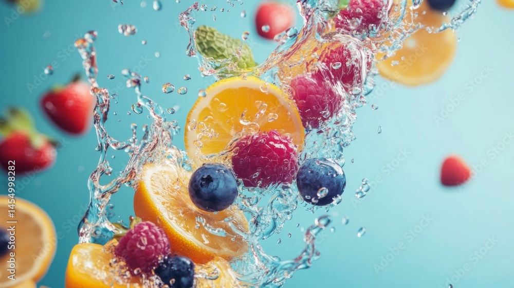 Citrus fruits splash into water with dynamic energy