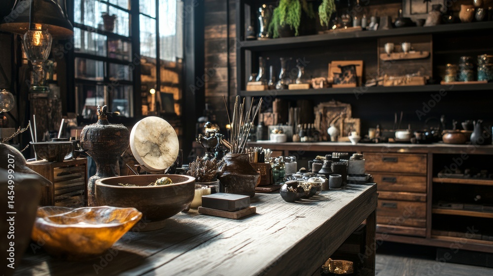 Fototapeta premium Antique shop interior with pottery and historical artifacts