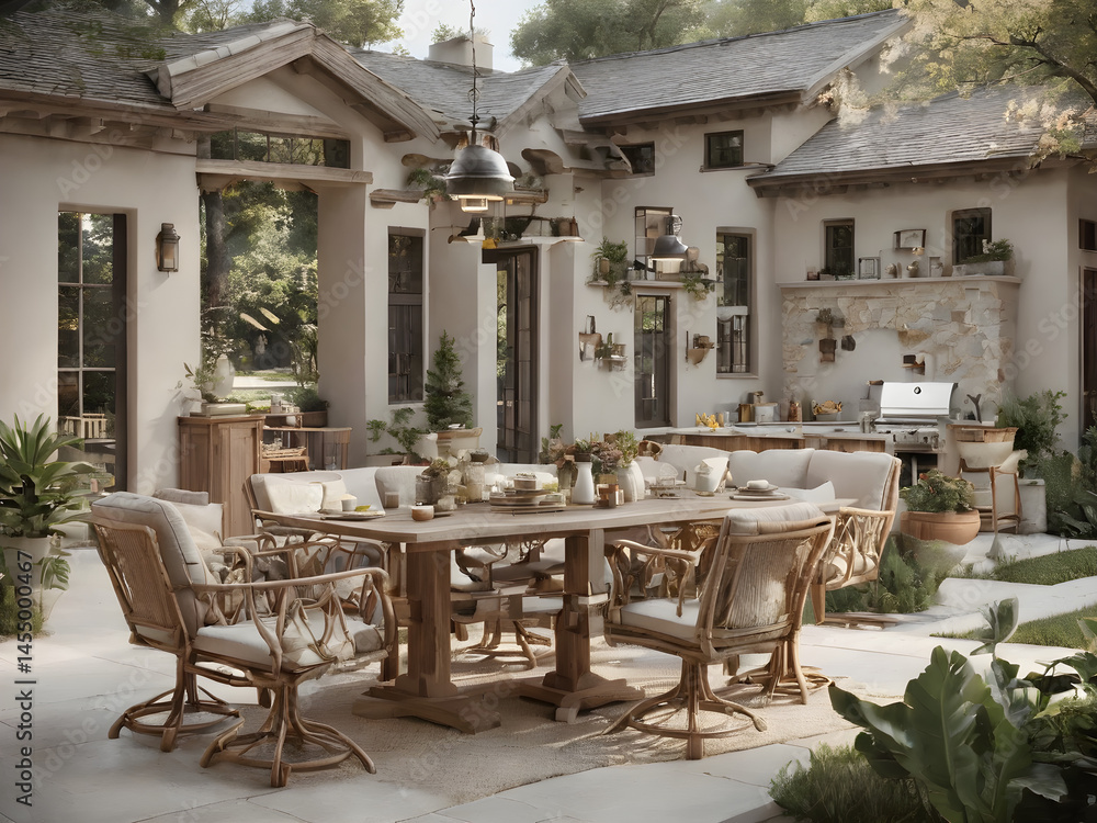 Fototapeta premium Cozy Outdoor Dining Area with Rustic Wooden Furniture and Lush Greenery