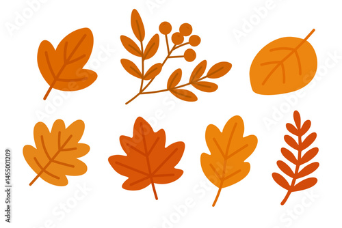 Bright and simple autumn leaves in warm colors. Flat cartoon foliage for seasonal design.
