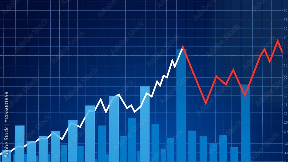 Financial chart depicting market growth and decline with bar and line graph visualization Financial chart depicting market growth and decline with bar and line graph visualization