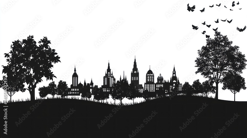 Fototapeta premium Cityscape silhouette with trees and birds
