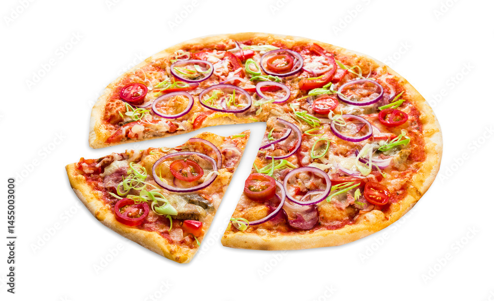 Pizza slice isolated on white background, with onions, bacon and cherry tomatoes, thin pastry crust, closeup Pizza slice isolated on white background, with onions, bacon and cherry tomatoes, thin pastry crust, closeup