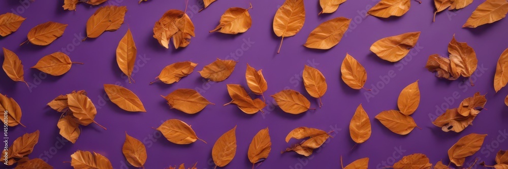 Dried orange leaves, violet backdrop Geometric, autumnal design , fall, background image, art Dried orange leaves, violet backdrop Geometric, autumnal design , fall, background image, art