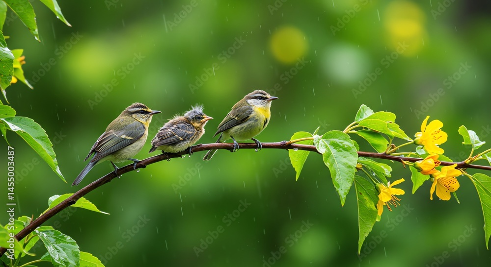 Fototapeta premium Bird Family on Branch in Rain