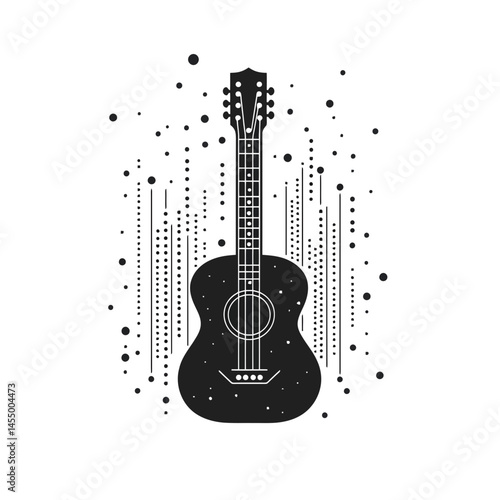 Minimalist tech-inspired line art of a guitar with abstract sound waves in a sleek design