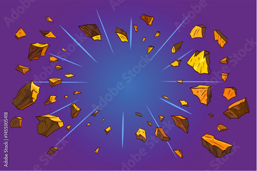 Pieces of rock flew apart from explosion. Boom comic book art vector illustration