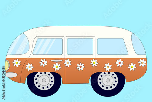 Retro hippie camper van for summer trips with camping, decorated with flowers. Vintage bus for family trips to the tropics on a blue background. Ideal for summertime, adventure and travel designs.