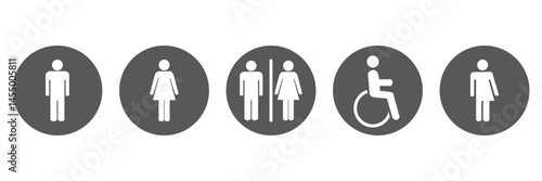 Toilet icons set, common male female restroom, handicap wheelchair access, sanitizer liquid soap, WC direction, baby changing table room, toilet signs, WC signs collection