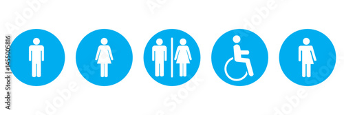 Toilet icons set, common male female restroom, handicap wheelchair access, sanitizer liquid soap, WC direction, baby changing table room, toilet signs, WC signs collection